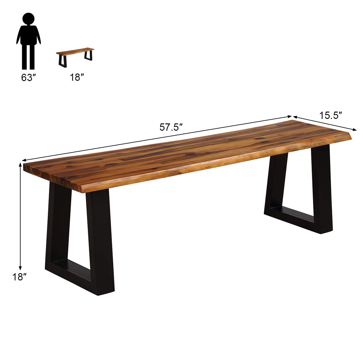 57.5" Live Edge Acacia Wood Outdoor Dining Bench with Metal Legs R82814
