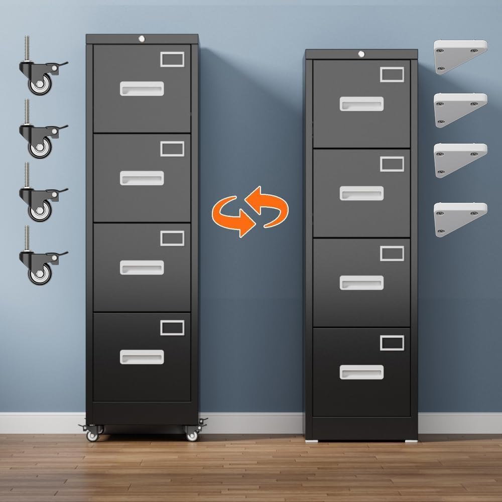 4 Drawer Black Metal File Cabinet with Lock and Wheels U798750