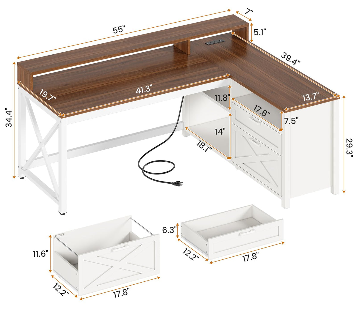 Brown L Shaped Desk with Drawers and Storage Shelves S606879