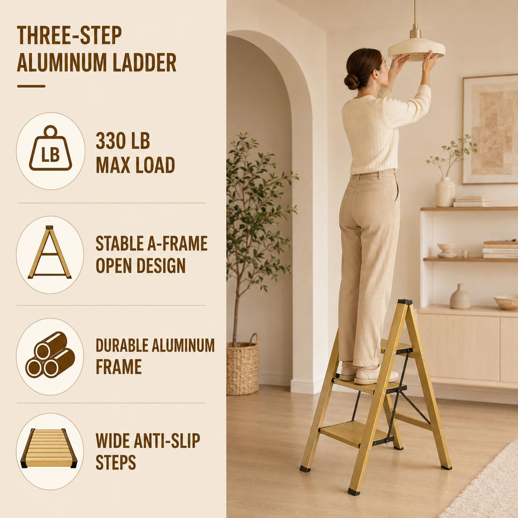 Gold Aluminum 3 Step Folding Stool, 330 lb Capacity D215