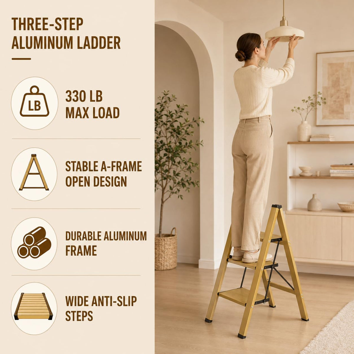 Gold Aluminum 3 Step Folding Stool, 330 lb Capacity D215