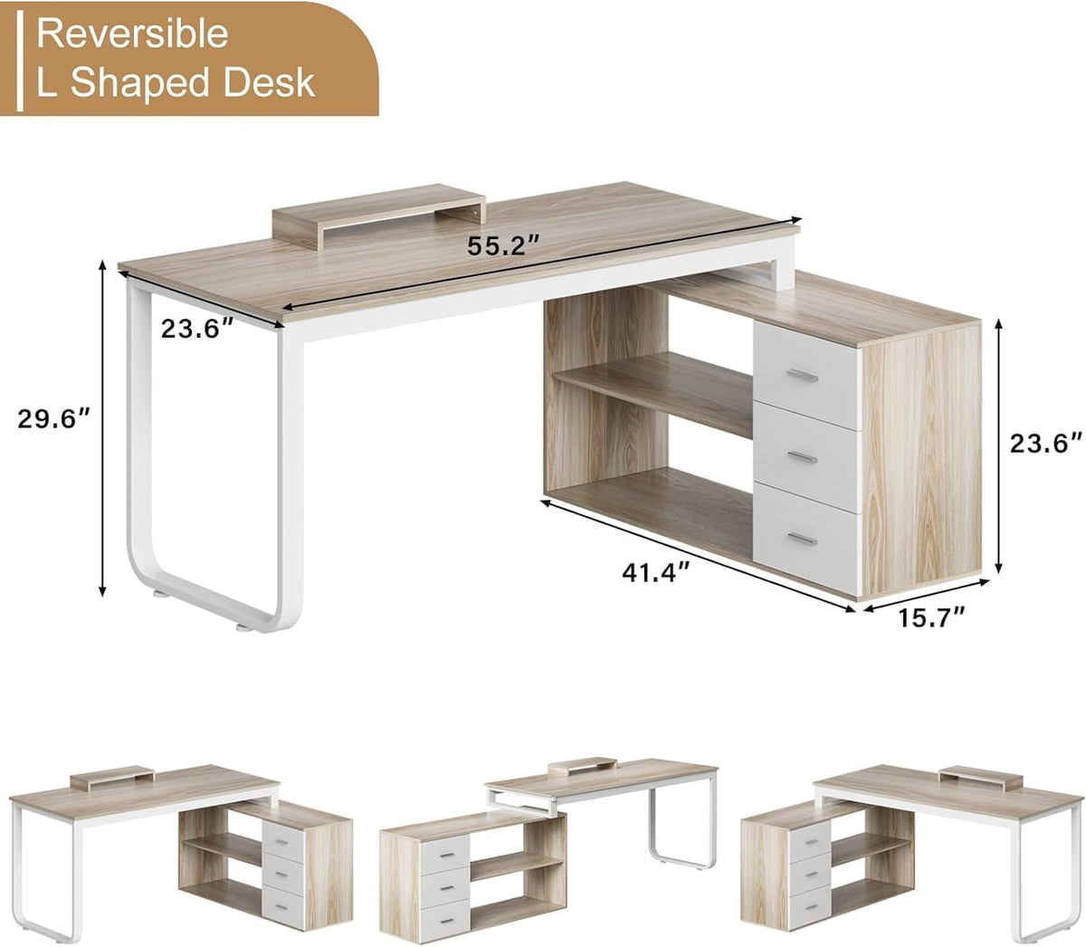 55" L Shaped Office Desk with Drawers, White and Walnut B4177