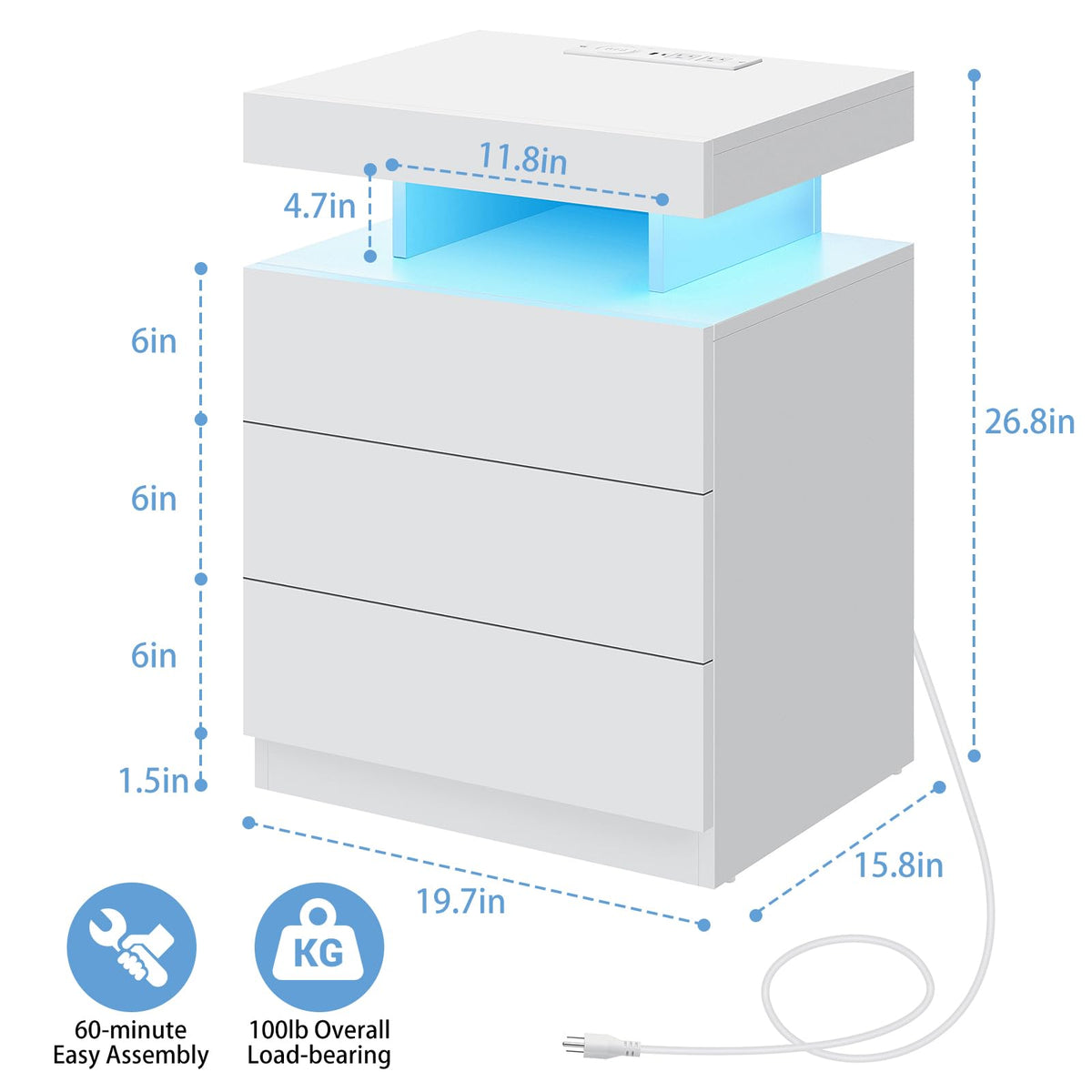 White 3 Drawer Nightstand with Charging Station and LED Light M355