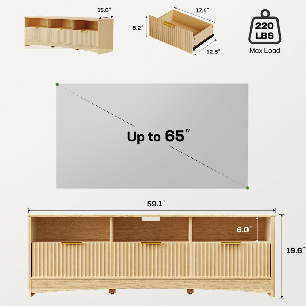 59″ Wide 3 Drawer TV Stand with Open Shelves, Natural Oak M96502