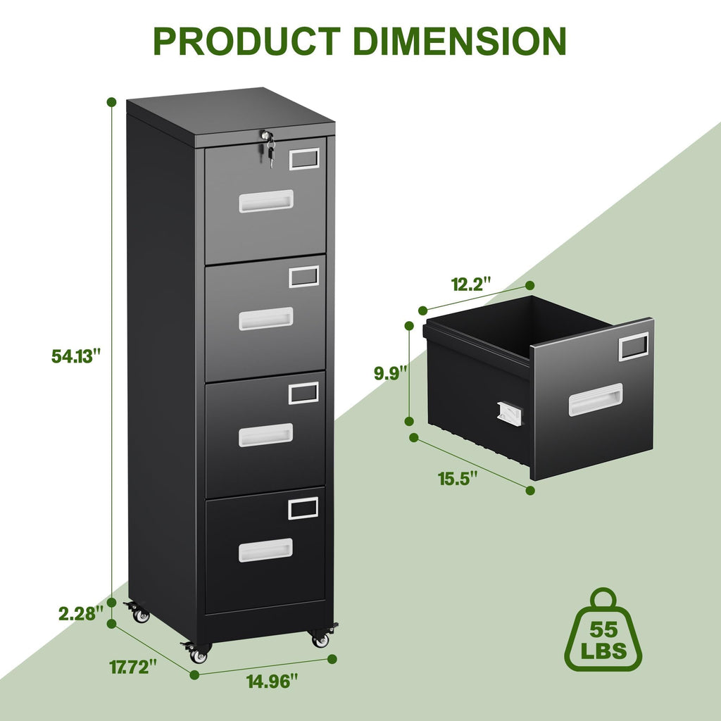 4 Drawer Black Metal File Cabinet with Lock and Wheels U798750