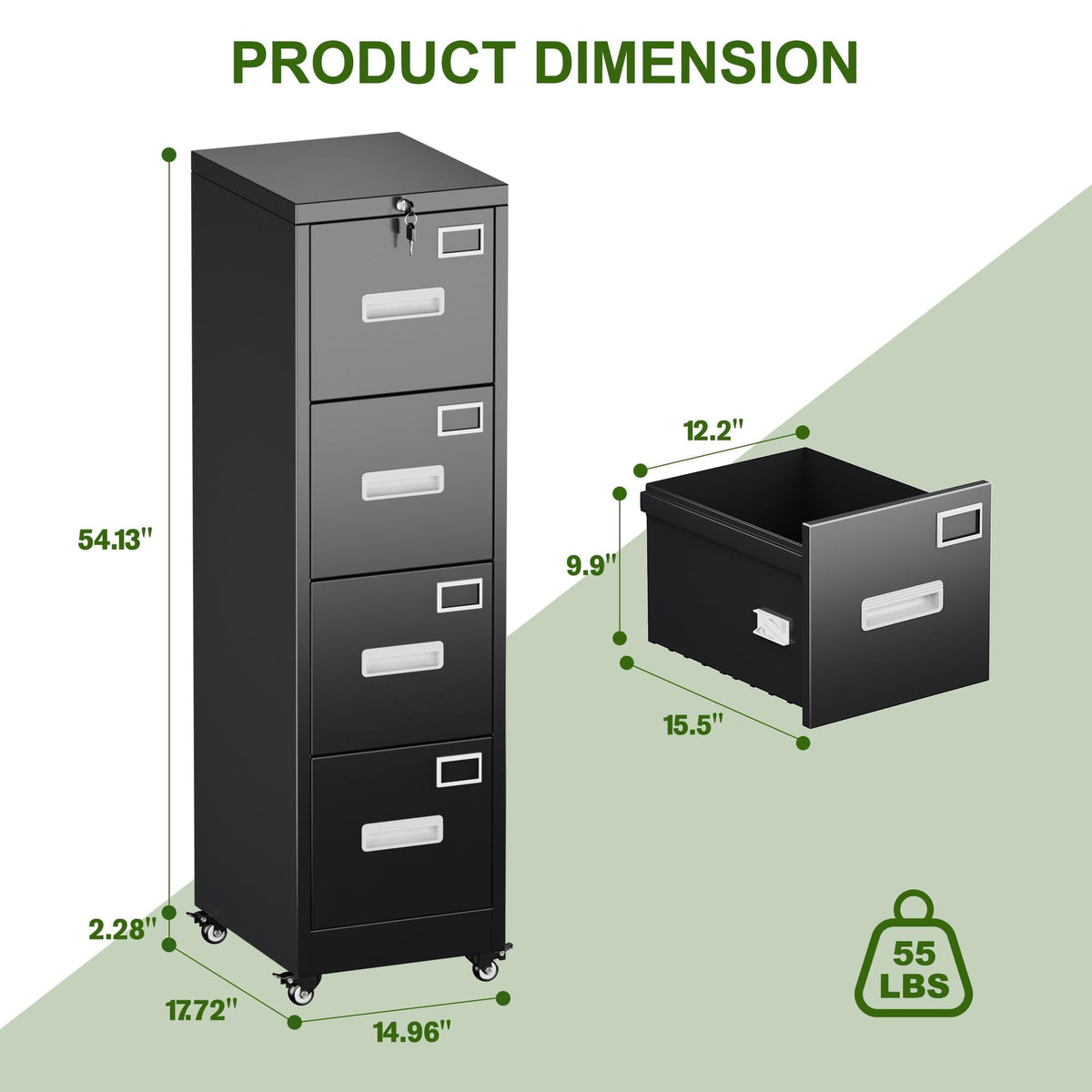 4 Drawer Black Metal File Cabinet with Lock and Wheels U798750