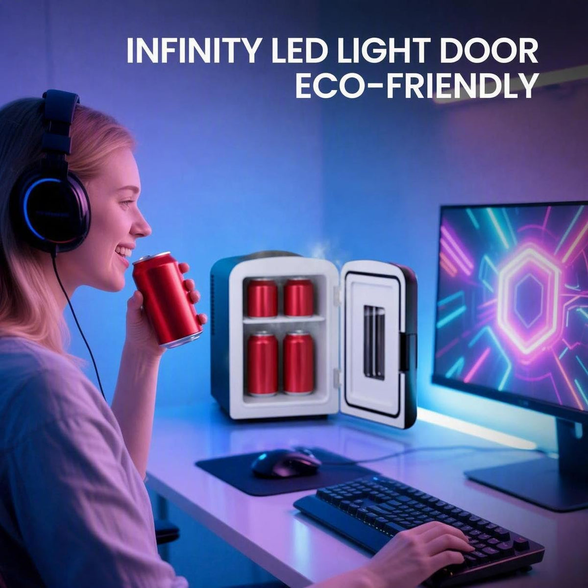4L Mini Fridge with LED Light, 6-Can Portable Refrigerator, Black W185379