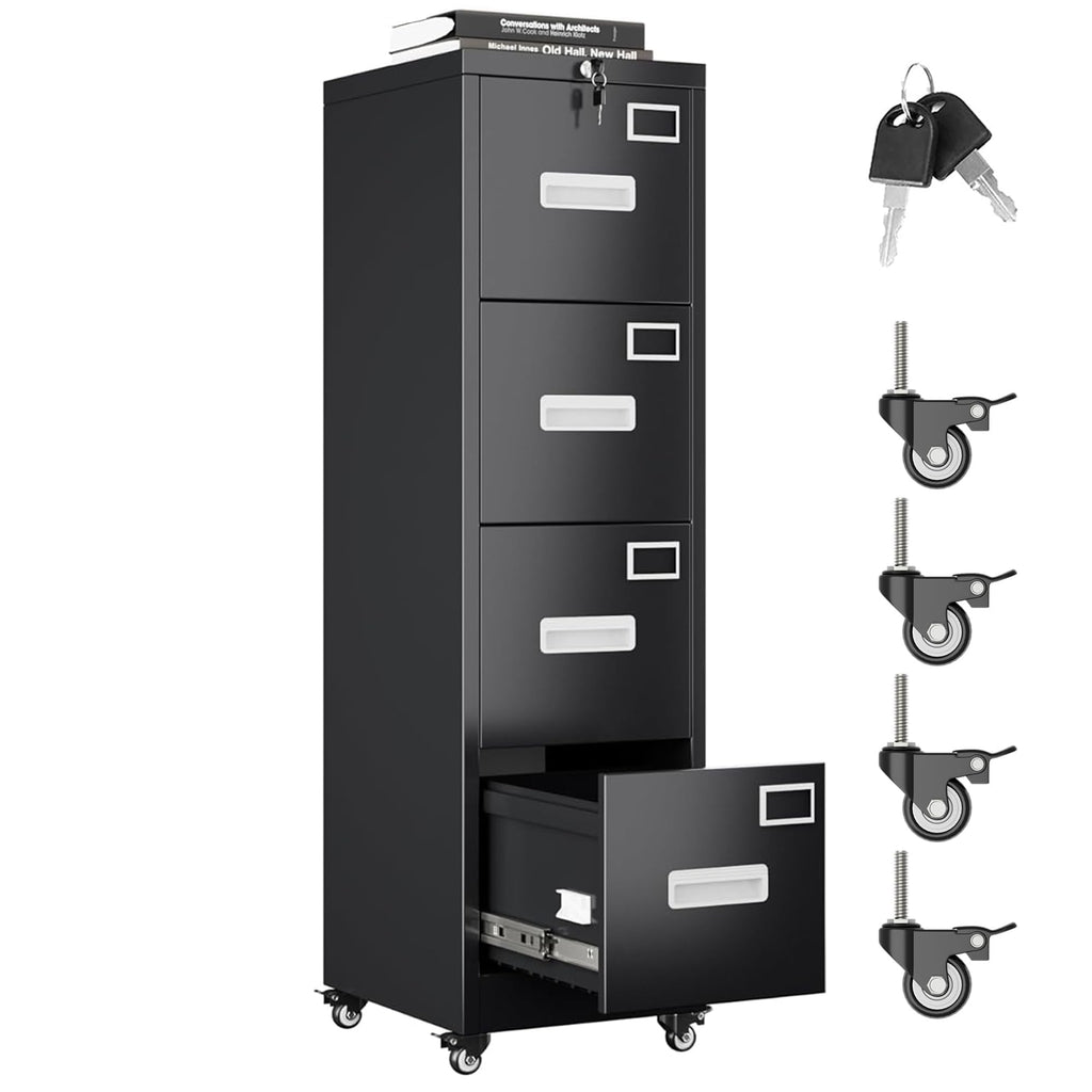 4 Drawer Black Metal File Cabinet with Lock and Wheels U798750