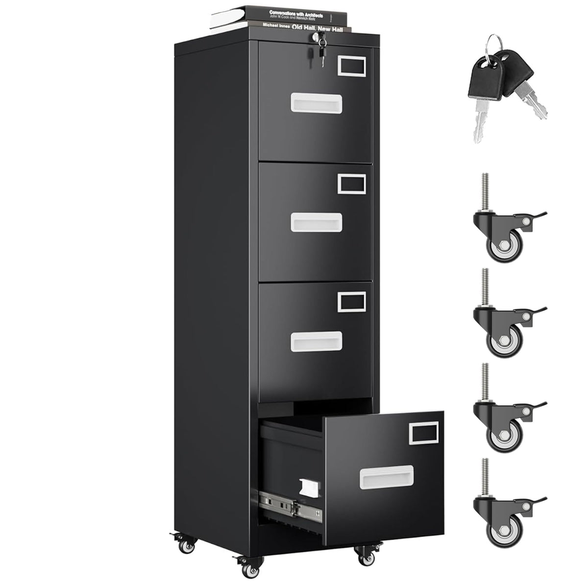 4 Drawer Black Metal File Cabinet with Lock and Wheels U798750