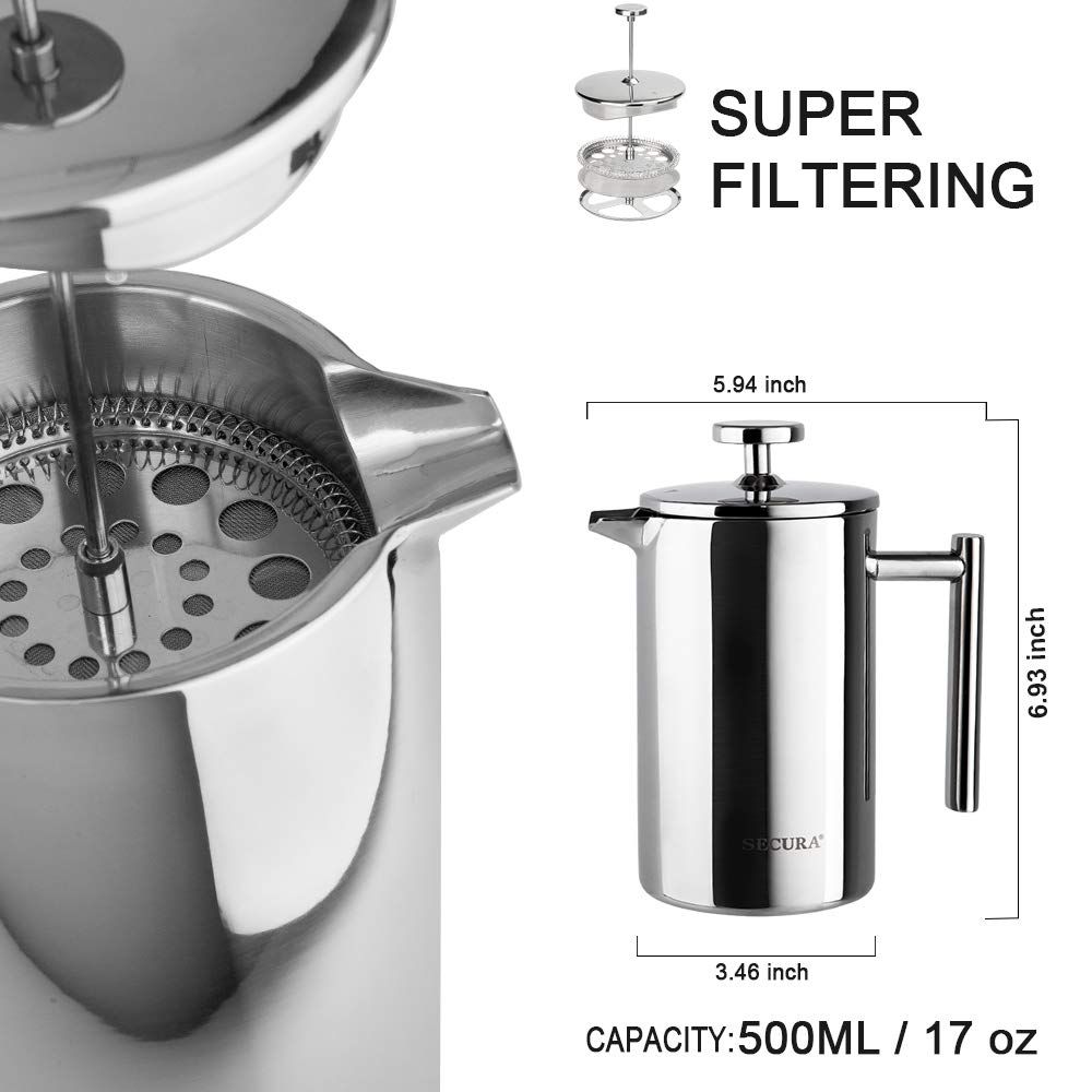 French Press Coffee Maker 304 Grade Stainless Steel Insulated 17oz F3828