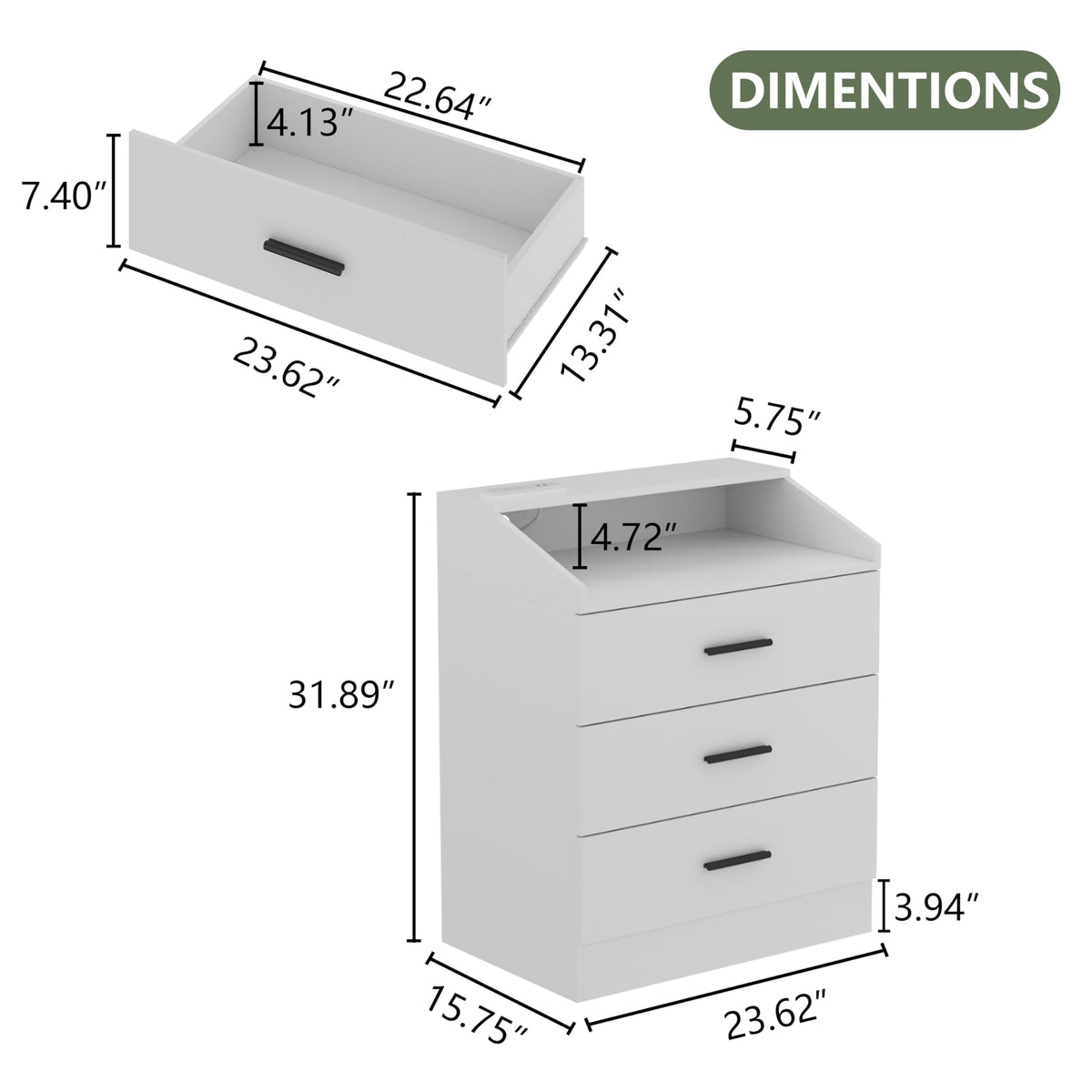 White 3 Drawer Nightstand with Charging Station Q6844