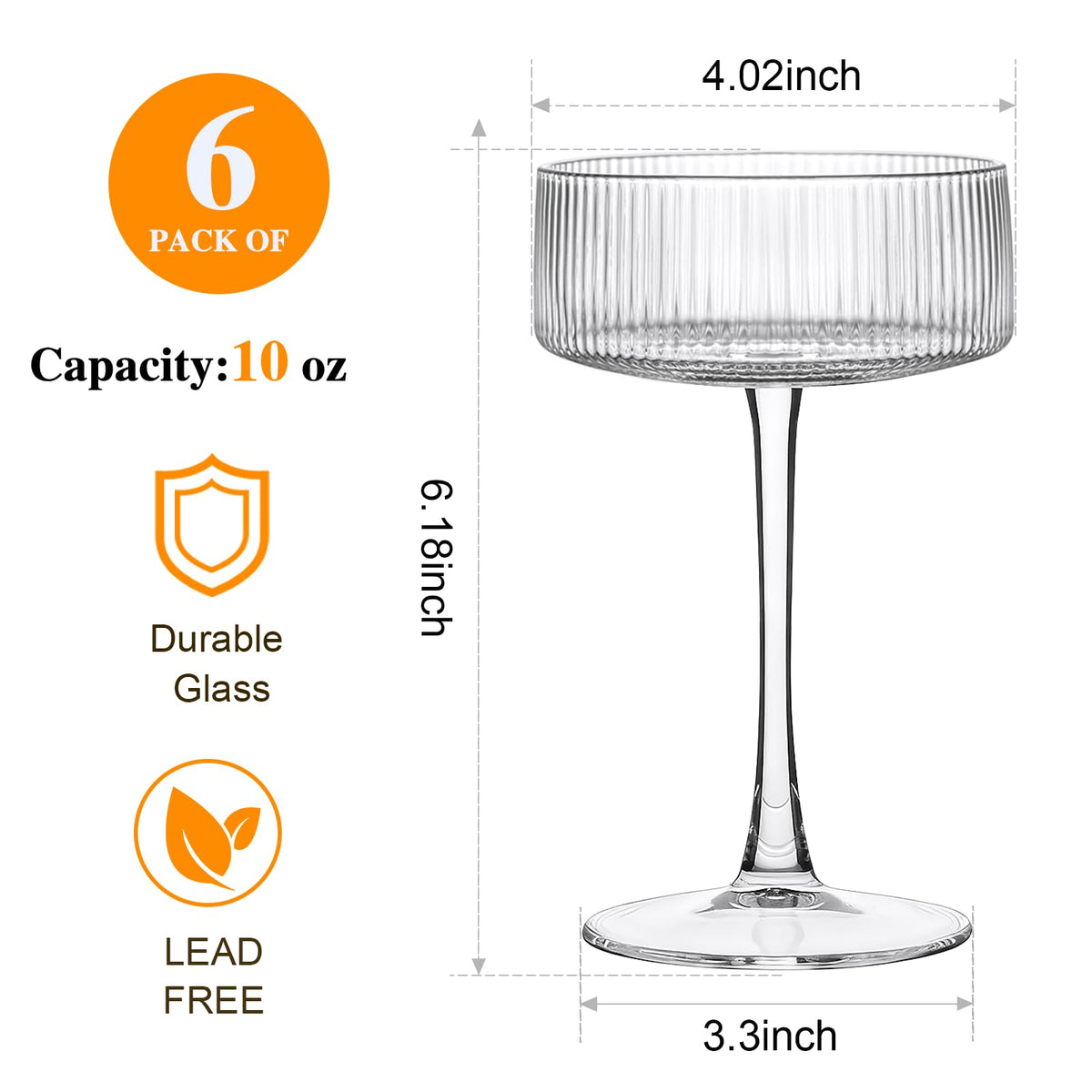 10 oz Ribbed Coupe Glasses Set of 6 G36289