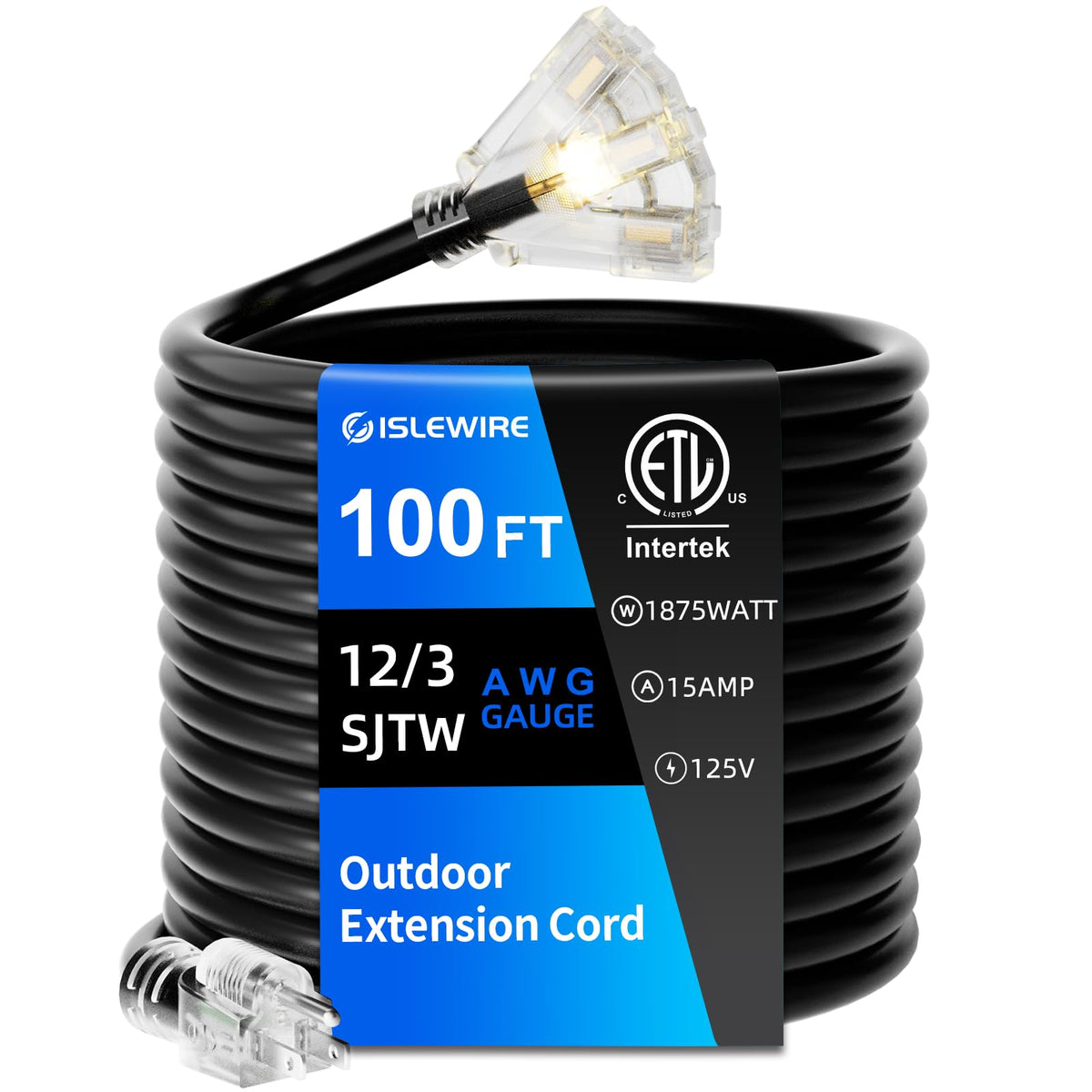 100 FT 12 Gauge Black Extension Cord with 3 Outlet X47554