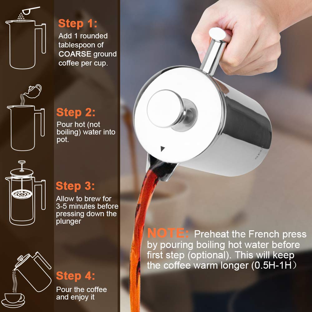 French Press Coffee Maker 304 Grade Stainless Steel Insulated 17oz F3828