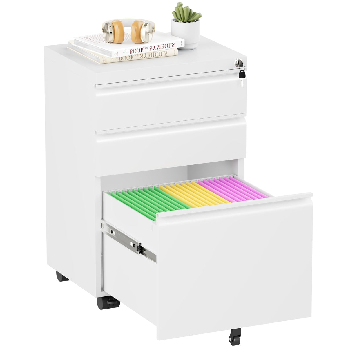 White 3 Drawer Metal Rolling File Cabinet H280