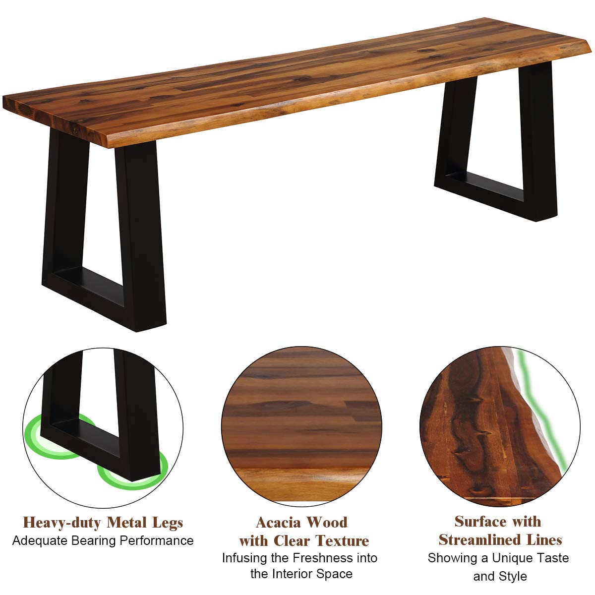 57.5" Live Edge Acacia Wood Outdoor Dining Bench with Metal Legs R82814