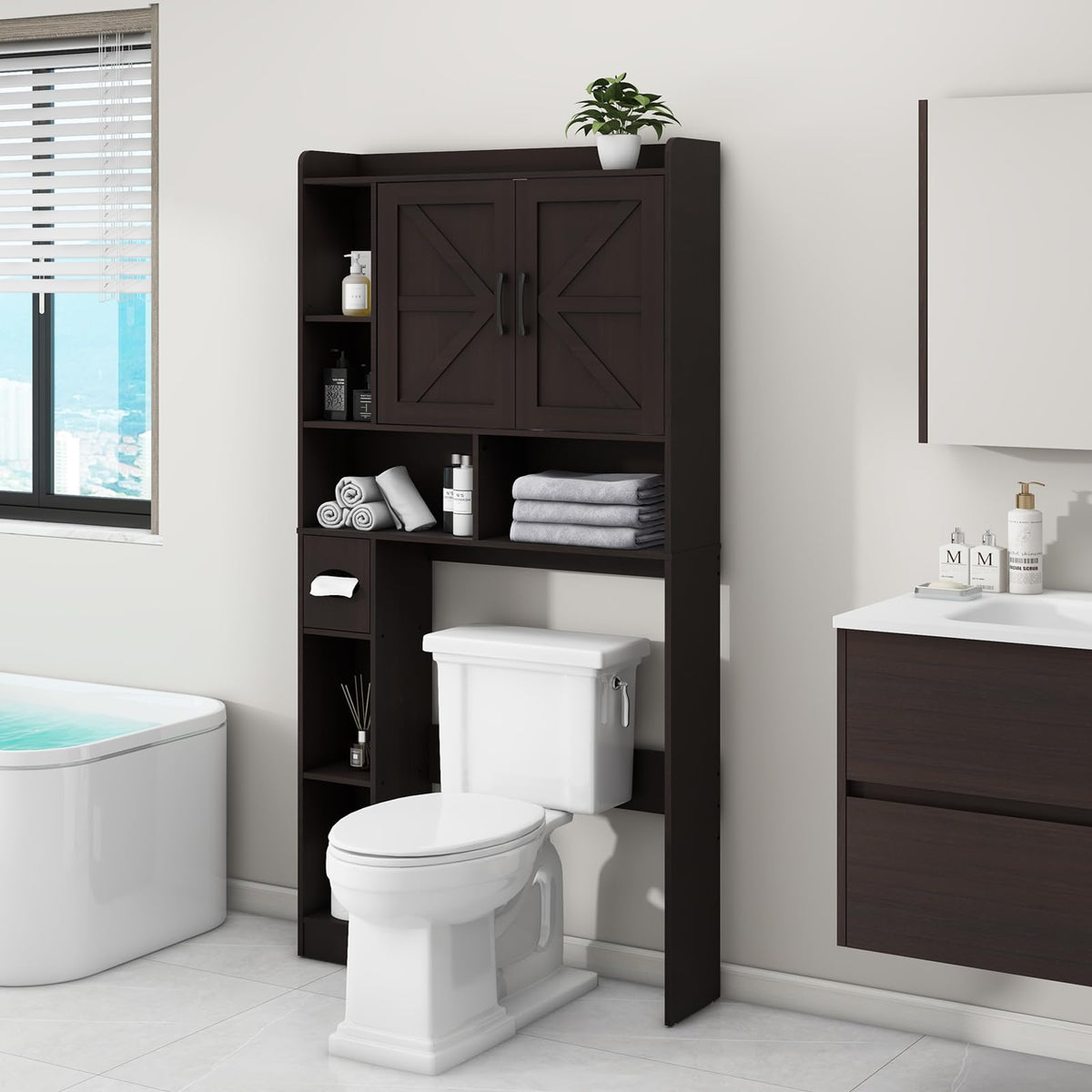 Over The Toilet Storage Cabinet with 2 Barn Doors, Espresso I86896