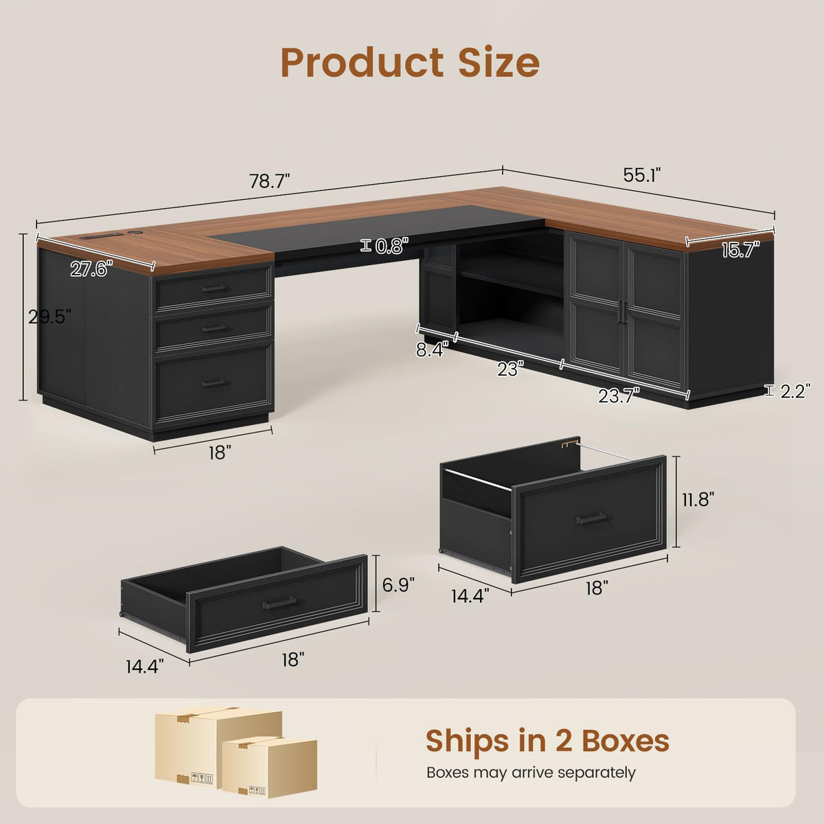 78.7" L Shaped Executive Desk with Charging Station, File Drawers & Storage Cabinet, Black + Brown H644777