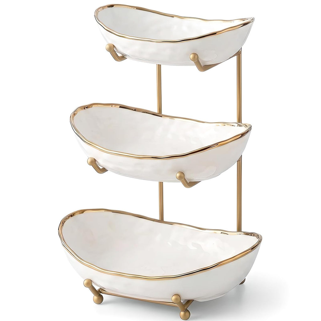 White 3 Tier Ceramic Fruit Bowl with Metal Holder K531
