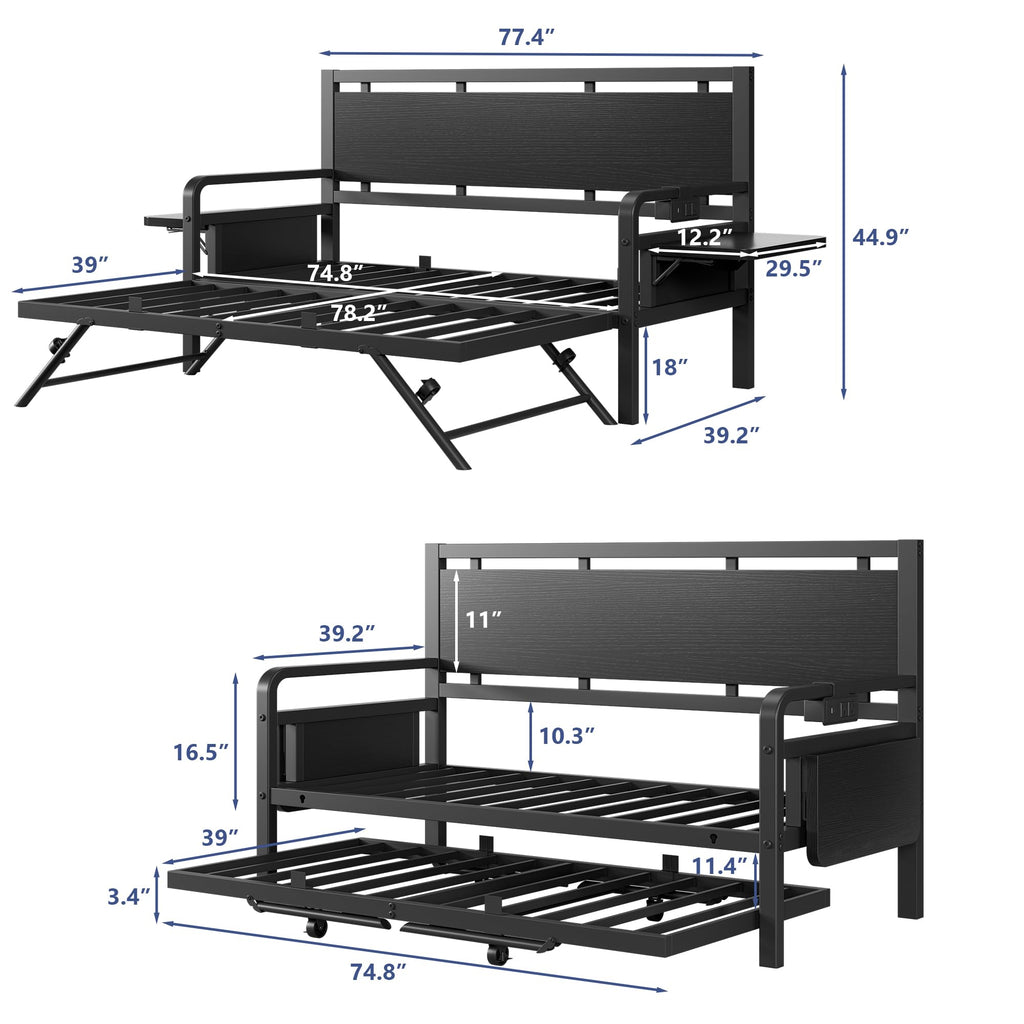 Black Metal Daybed with Trundle and LED Light S662