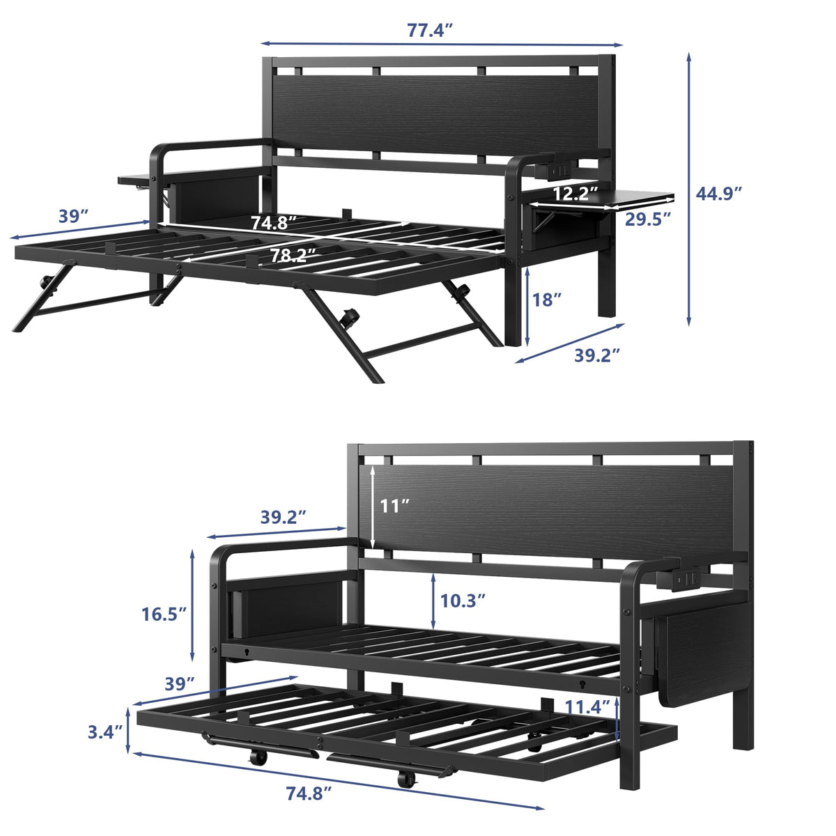 Black Metal Daybed with Trundle and LED Light S662