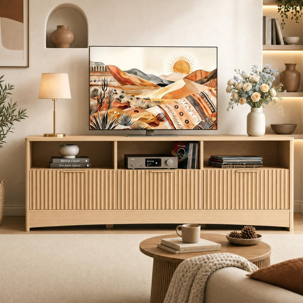 59″ Wide 3 Drawer TV Stand with Open Shelves, Natural Oak M96502
