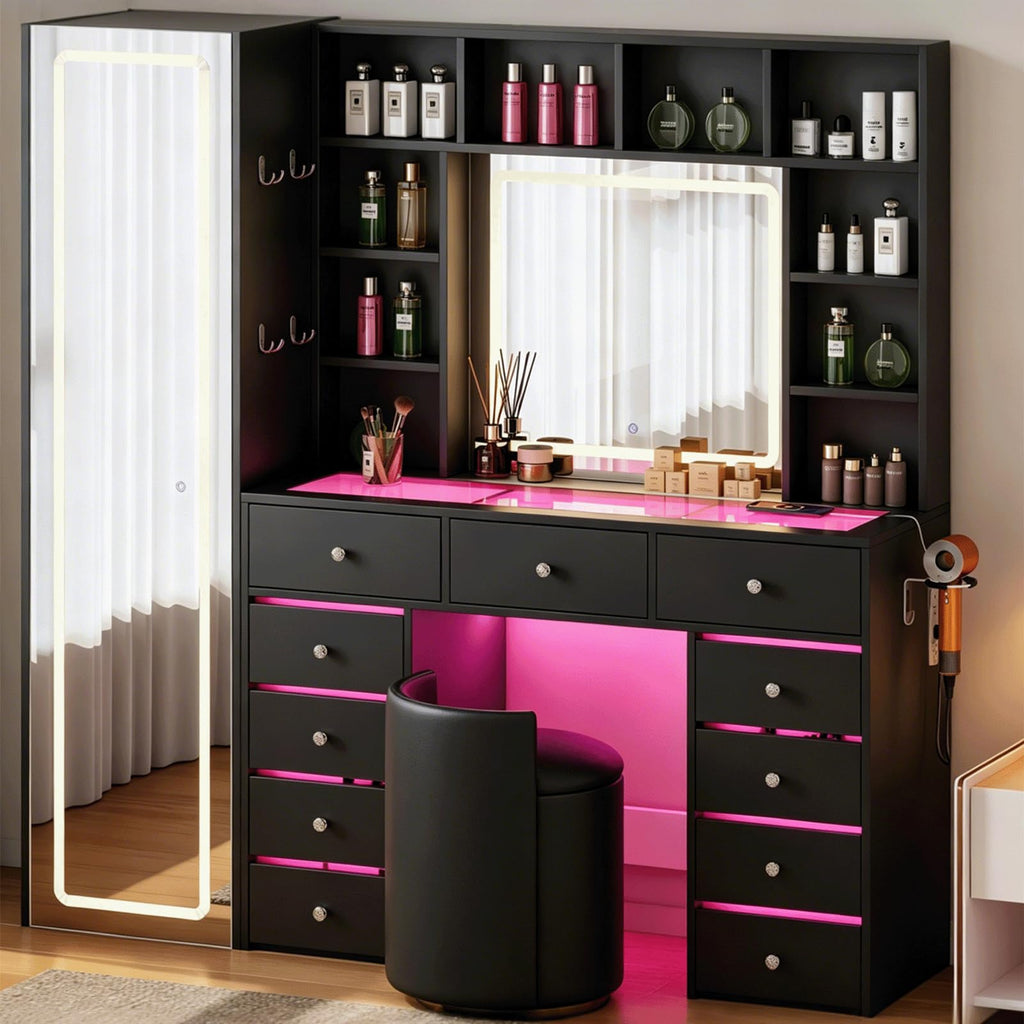 Full Length Mirror Vanity Desk with LED Mirror and 11 Drawers B379