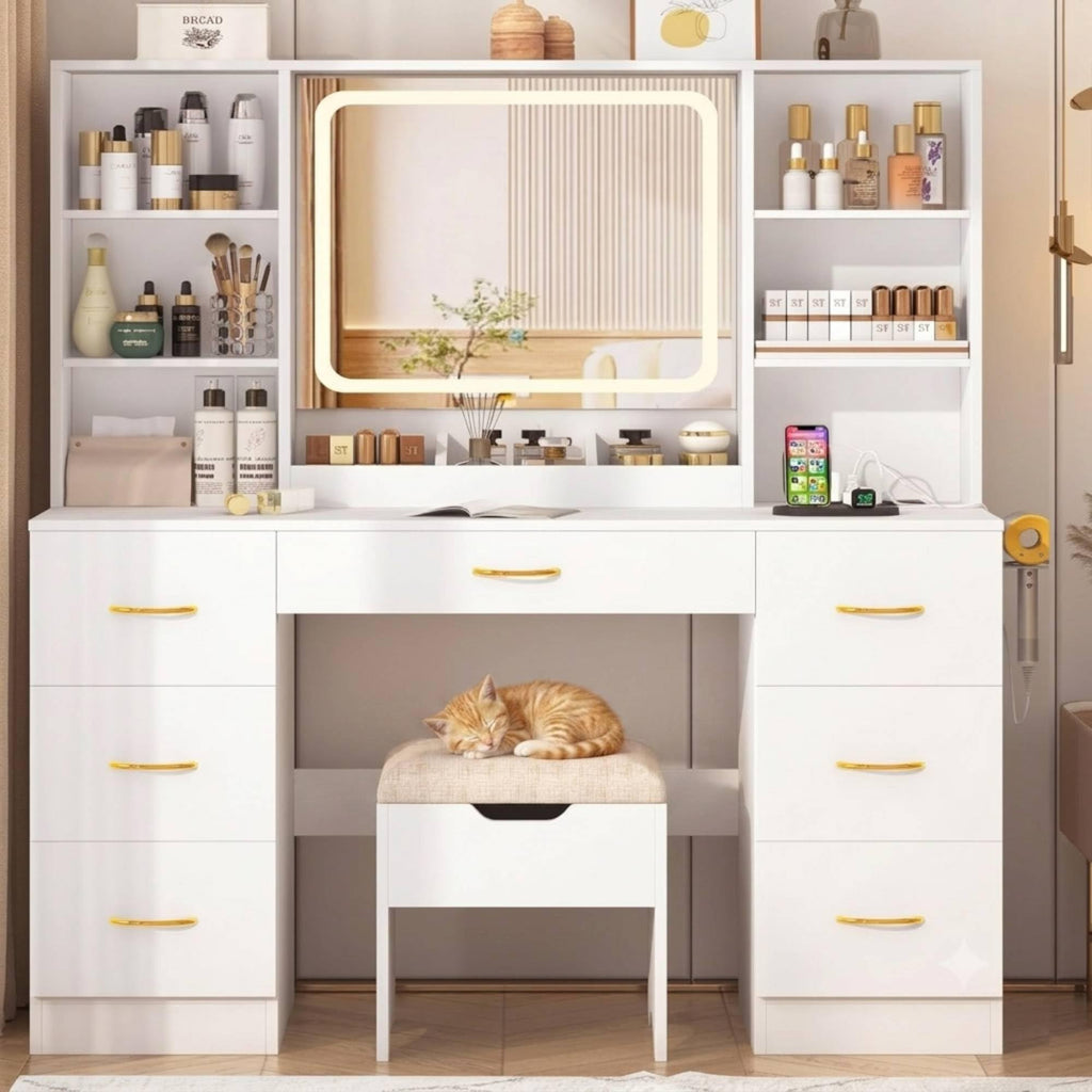 White 47" Makeup Vanity Desk with LED Mirror, Stool & 7 Drawers N971275