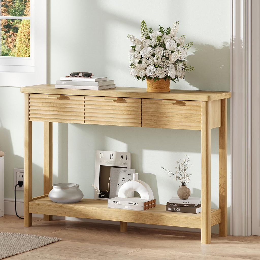 47.2" Narrow Console Table with 3 Drawers & Charging Station, Oak Y755