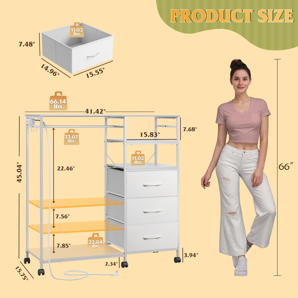 White 3 Drawer Dresser with Hanging Rack M671750