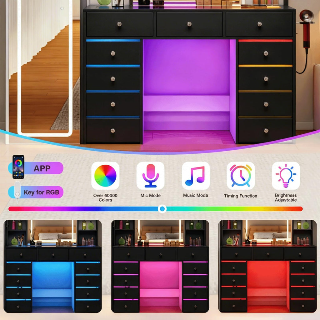 Full Length Mirror Vanity Desk with LED Mirror and 11 Drawers B379