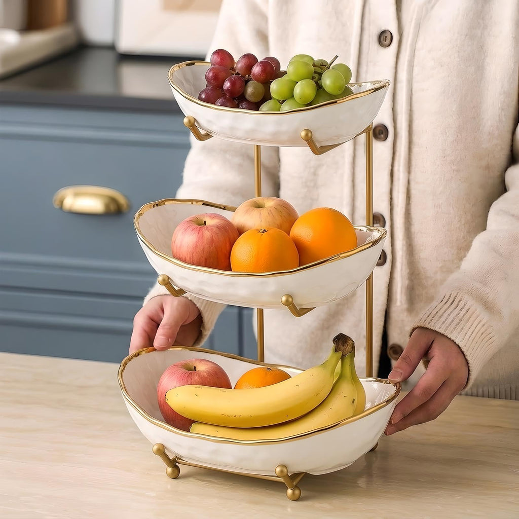 White 3 Tier Ceramic Fruit Bowl with Metal Holder K531