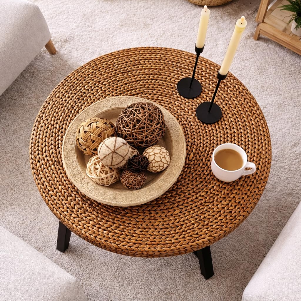 32 Inch Round Handwoven Seagrass Coffee Table with Pine Wood X Base N85435
