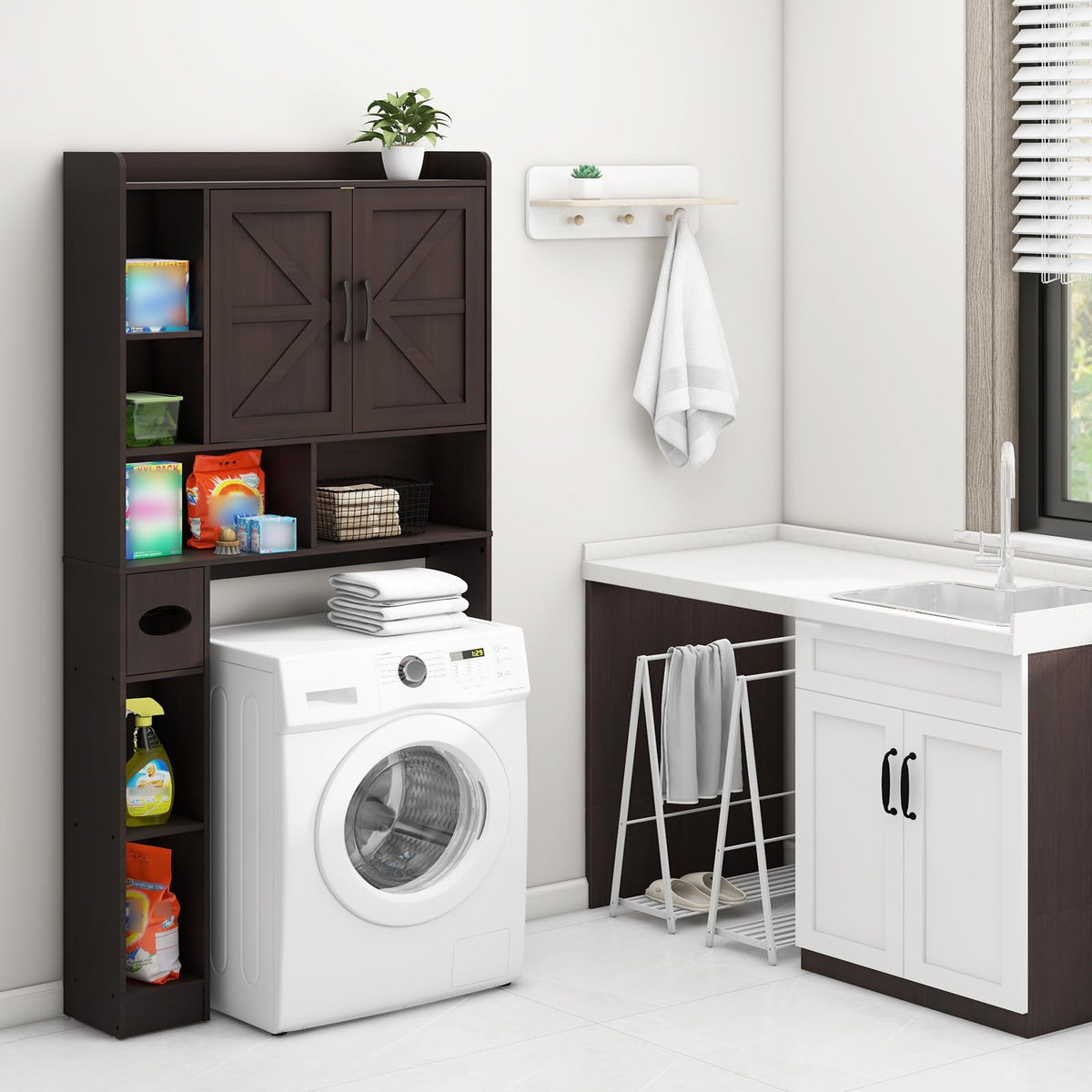 Over The Toilet Storage Cabinet with 2 Barn Doors, Espresso I86896
