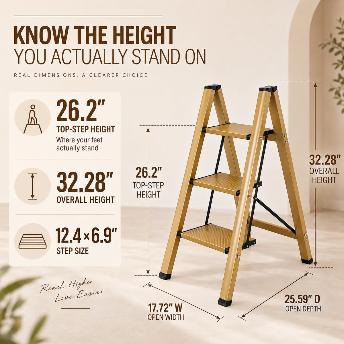 Gold Aluminum 3 Step Folding Stool, 330 lb Capacity D215