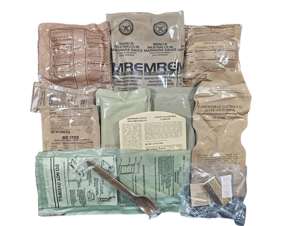 MRE Meal Ready to Eat with Entree Snacks Dessert Drink Mix Utensils Condiments J638