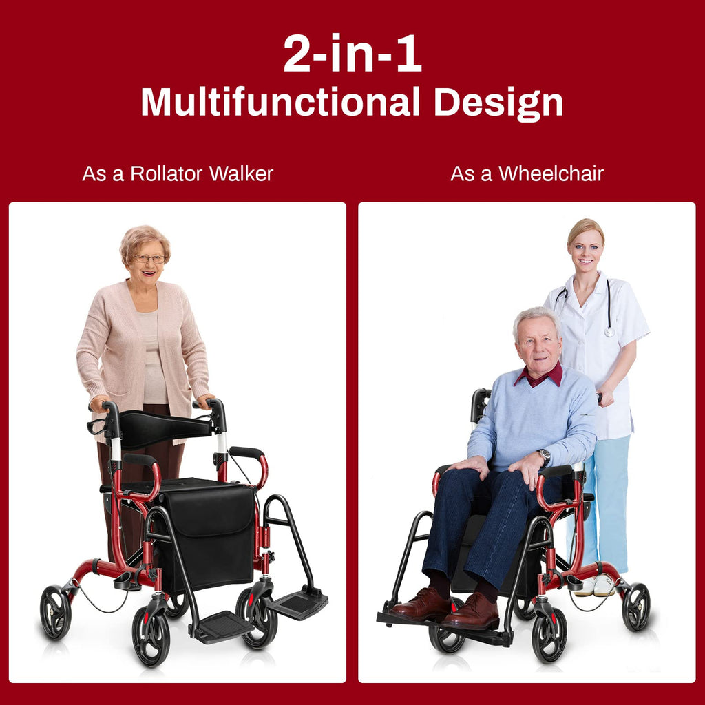 2 in 1 Folding Rollator Walker with Seat and 8" Wheels K933