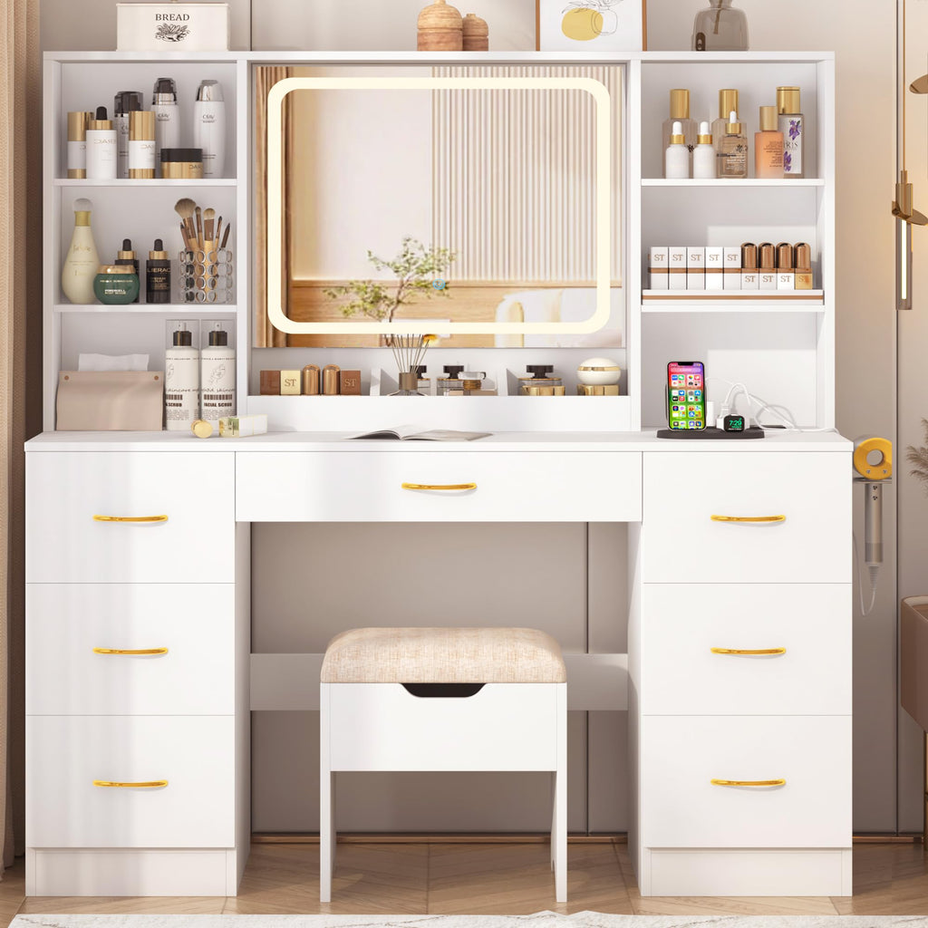 White 47" Makeup Vanity Desk with LED Mirror, Stool & 7 Drawers N971275