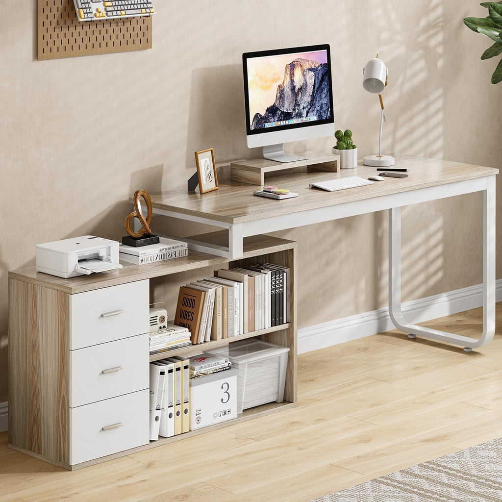 55" L Shaped Office Desk with Drawers, White and Walnut B4177