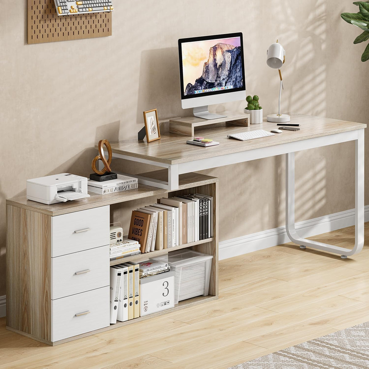 55" L Shaped Office Desk with Drawers, White and Walnut B4177