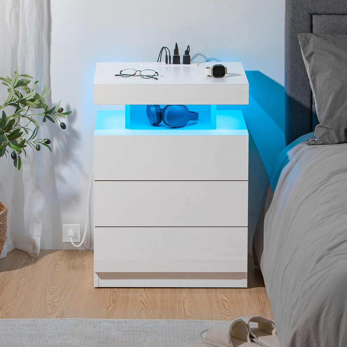 White 3 Drawer Nightstand with Charging Station and LED Light M355