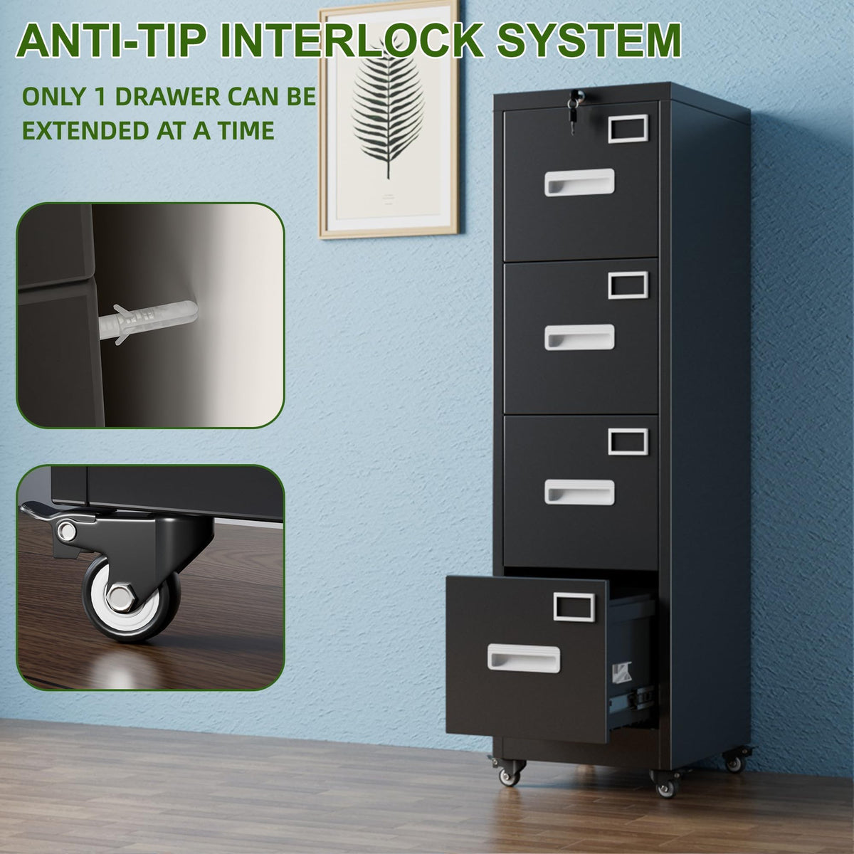 4 Drawer Black Metal File Cabinet with Lock and Wheels U798750