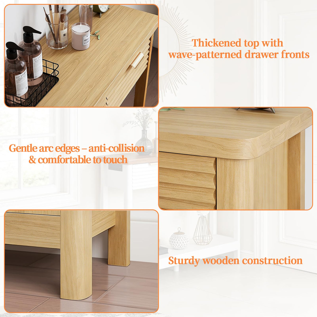 47.2" Narrow Console Table with 3 Drawers & Charging Station, Oak Y755