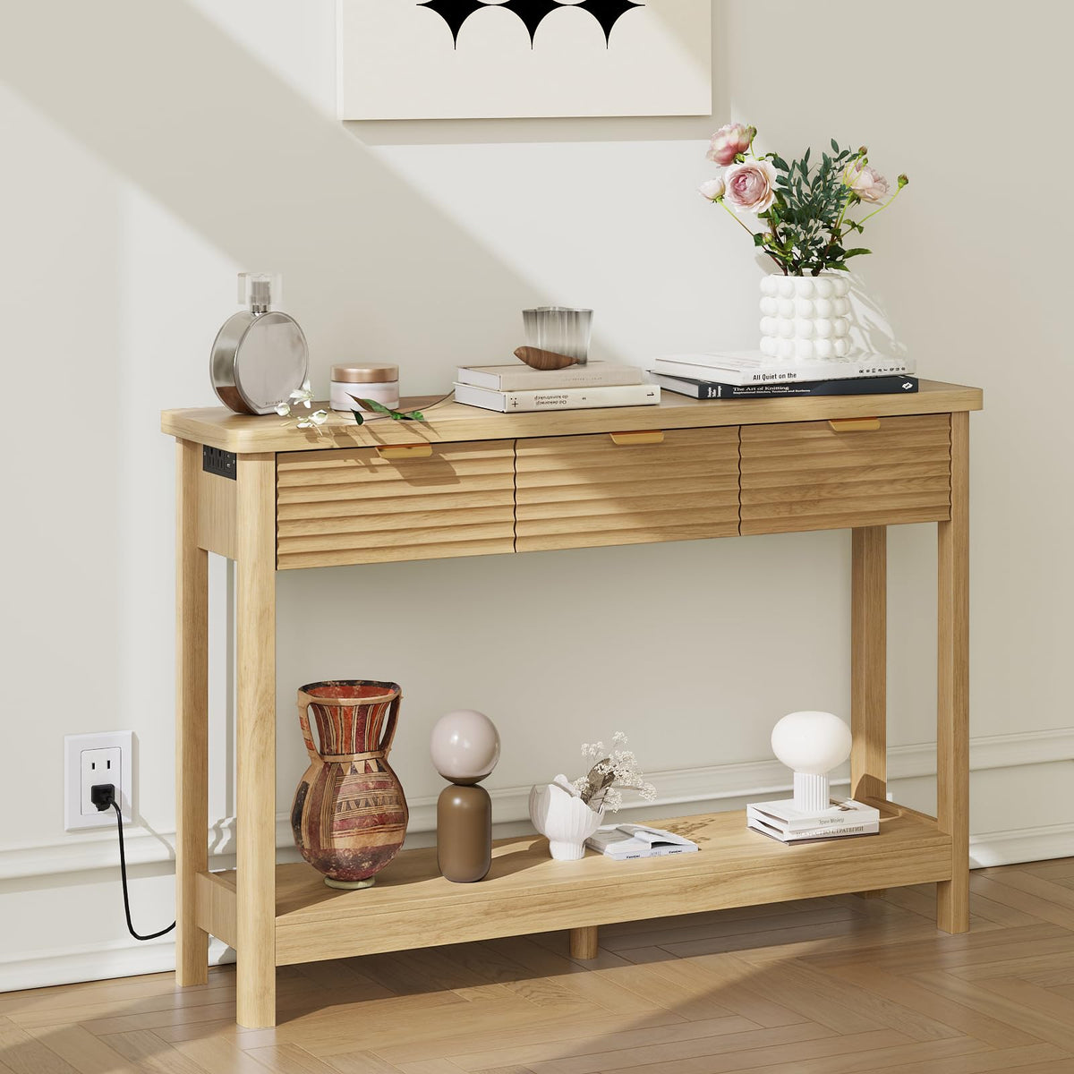 47.2" Narrow Console Table with 3 Drawers & Charging Station, Oak Y755