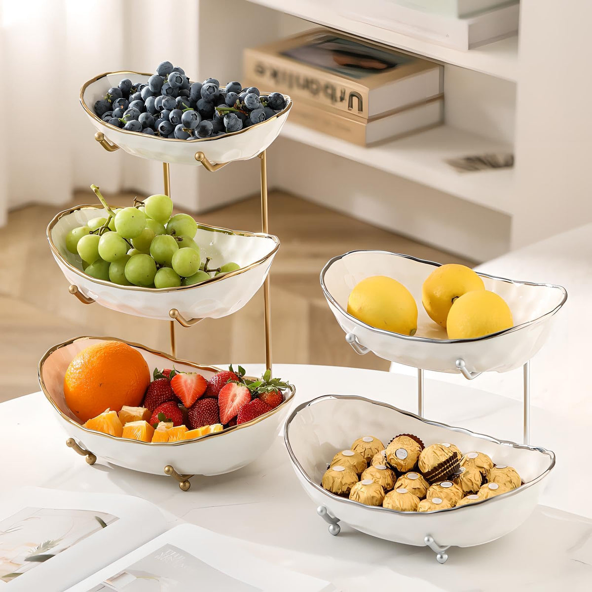 White 3 Tier Ceramic Fruit Bowl with Metal Holder K531