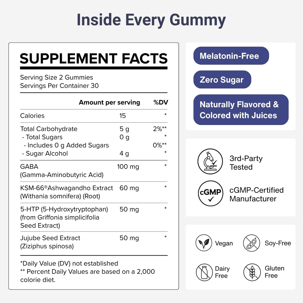 Calming Gummies with GABA, 5-HTP & Ashwagandha, Sugar-Free, Vegan, Natural Blueberry Flavor - 60 Count Y748