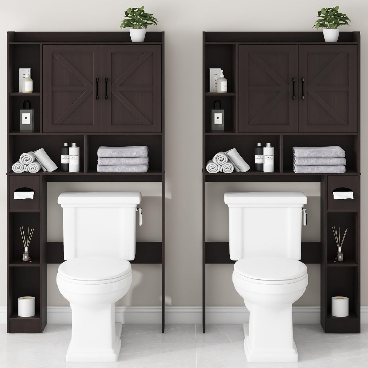 Over The Toilet Storage Cabinet with 2 Barn Doors, Espresso I86896