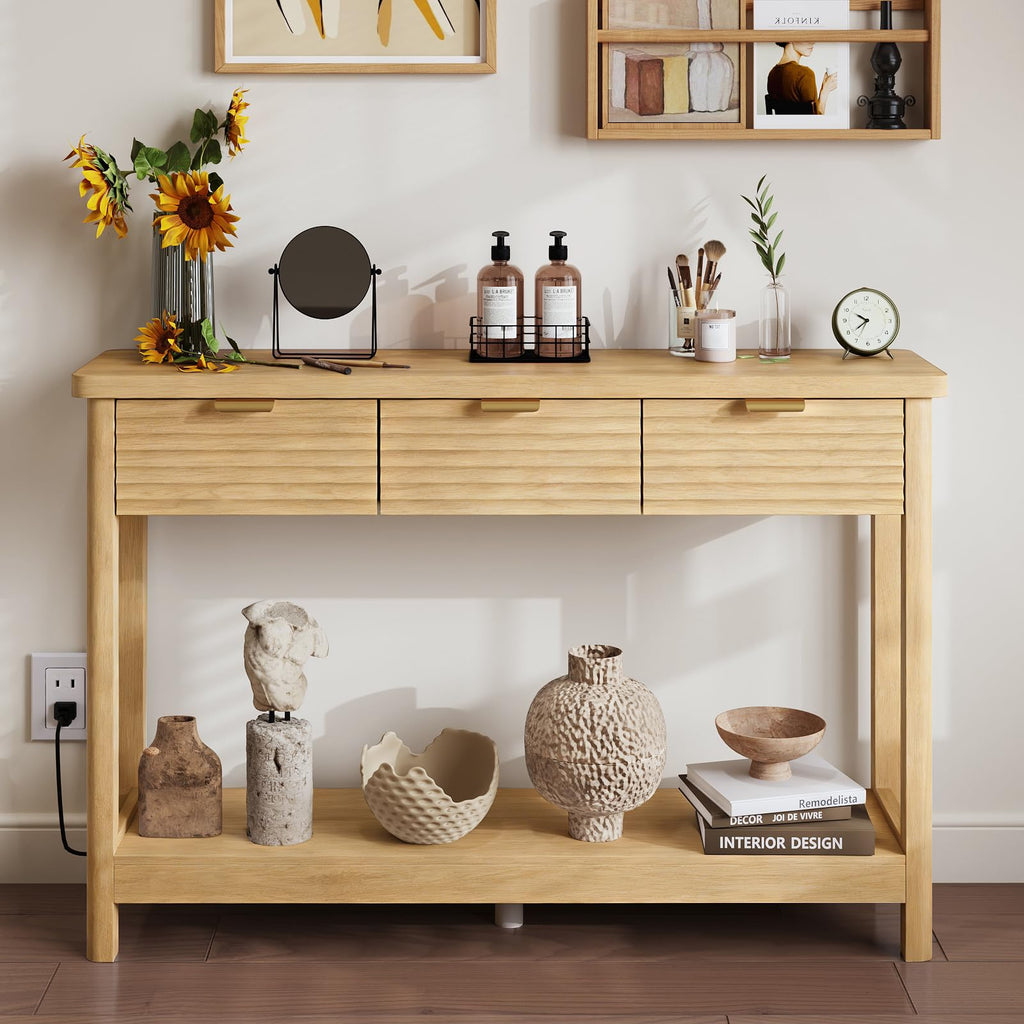 47.2" Narrow Console Table with 3 Drawers & Charging Station, Oak Y755