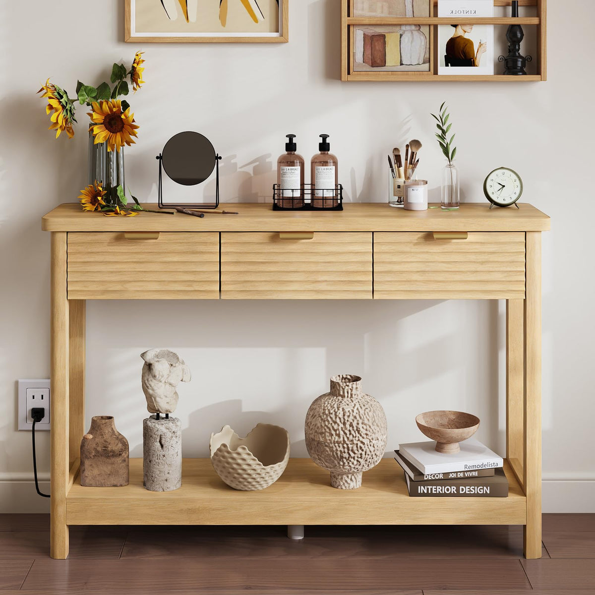47.2" Narrow Console Table with 3 Drawers & Charging Station, Oak Y755