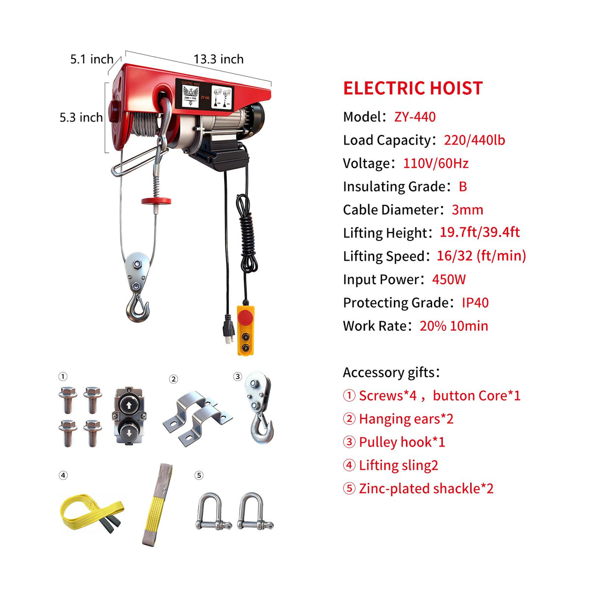 440 lbs 110V Electric Hoist with 14ft Wired Remote Control Y8037